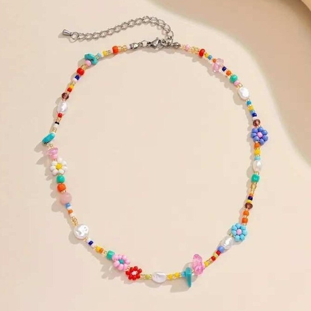 Beaded Necklace Colorful Flower Pearl Accent Trendy‎ Funkycore Y2K - Picture 3 of 3